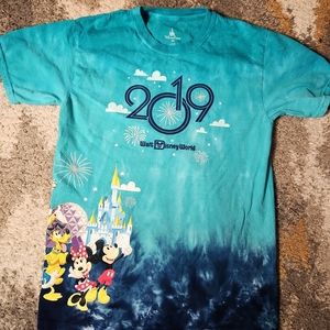 Walt Disney World T Shirt 2019 Mens Medium Blue Tie-Dye Short Sleeve Crew Neck